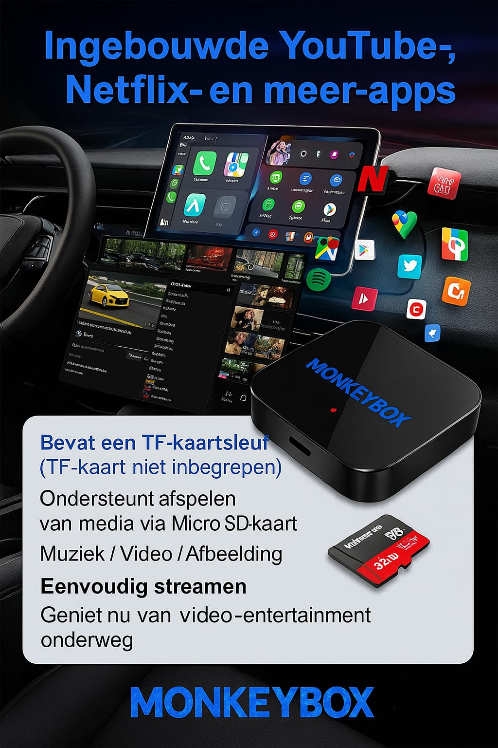 MonkeyBox – Kabelloses CarPlay & Android Auto mit Netflix & YouTube