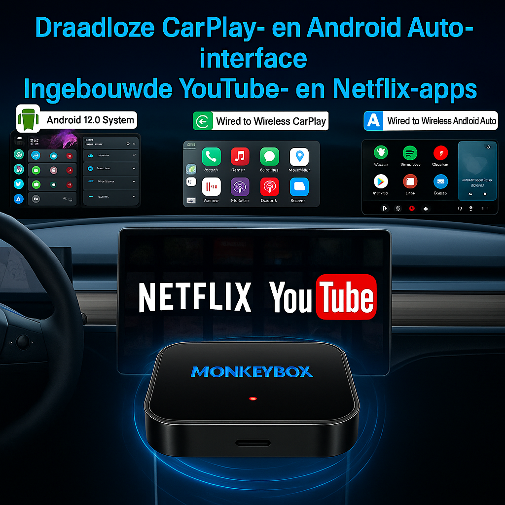 MonkeyBox – Kabelloses CarPlay & Android Auto mit Netflix & YouTube