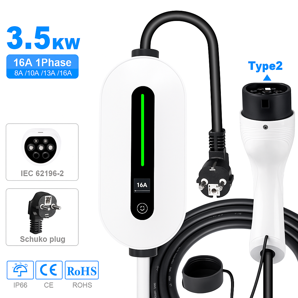 Chargeur VE portable 3,7kW Type 2 blanc – fiche Schuko, plug & play