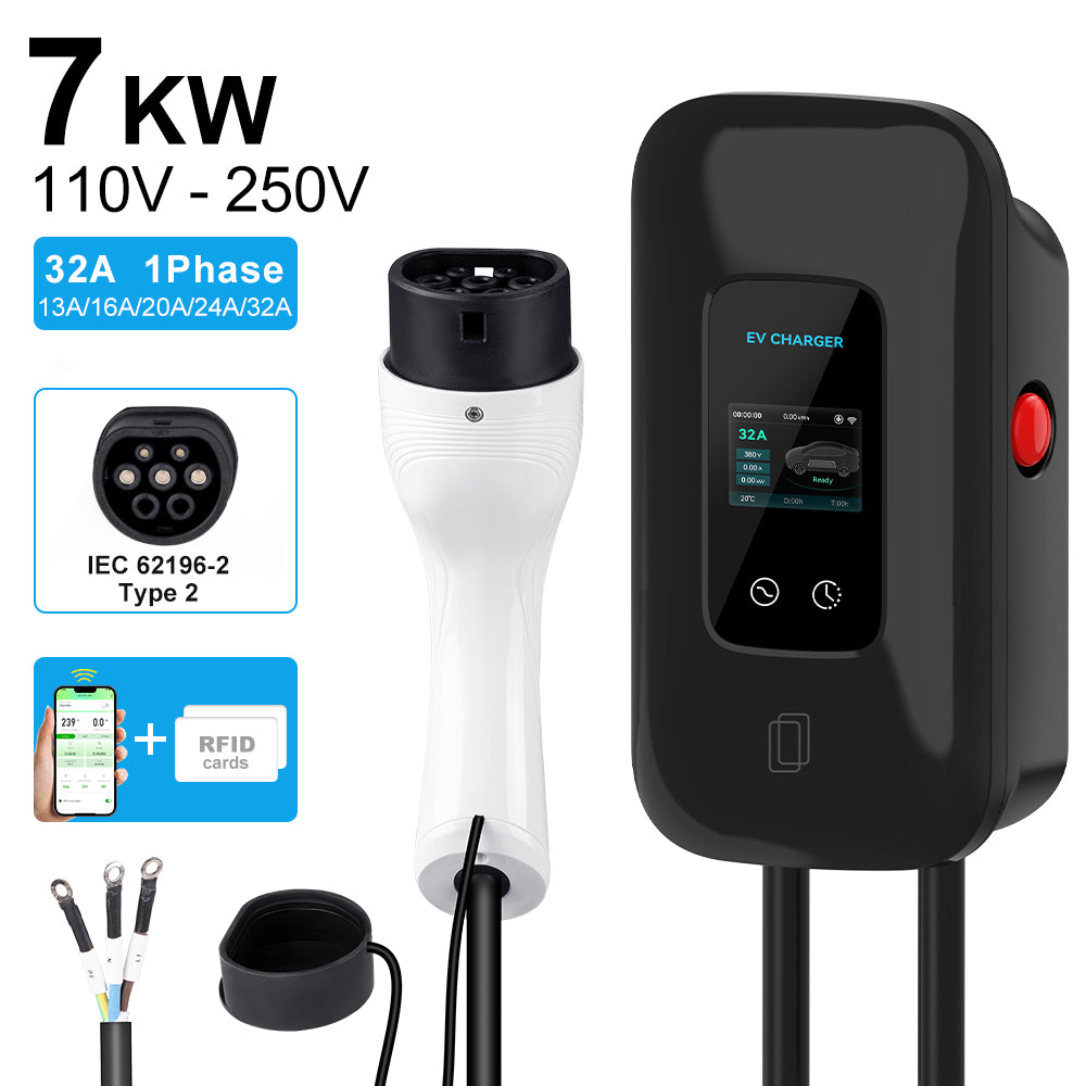 Wallbox 7kW EV Ladegerät – Schwarz – 1-phasig 32A – Typ 2 – App-Steuerung
