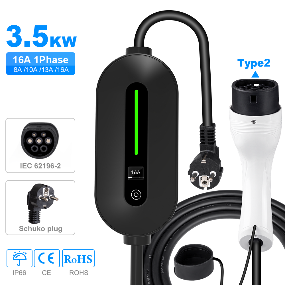 Mobiles EV-Ladegerät 3.7kW Typ 2 schwarz Schuko Plug & Play